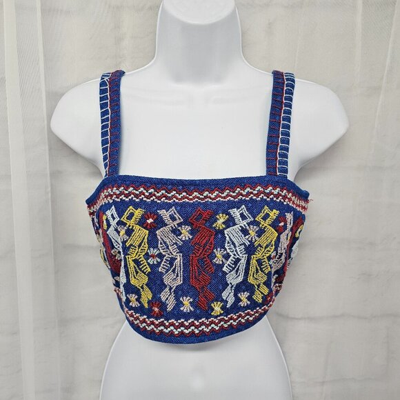Forever 21 Blue Red Embroidered Boho Cropped Tank Top Festival Hippie S - Picture 2 of 10